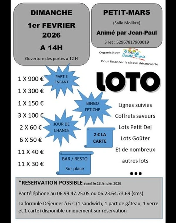 PETIT-MARS : LOTO ÉCOLE SAINTE-MARIE AU PROFIT DE LA CLASSE DÉCOUVERTE DIMANCHE 1er FÉVRIER 2026