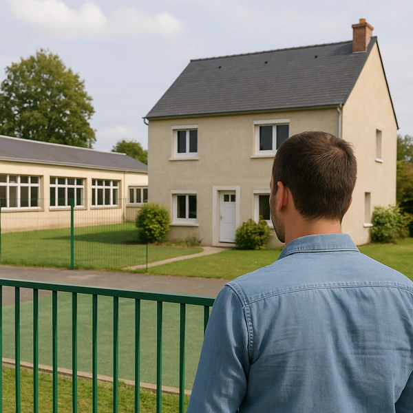 Une maison, une cour de récréation, une boucle bouclée