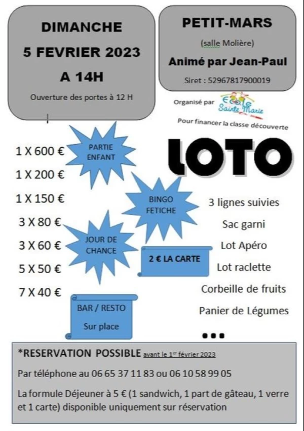 PETIT-MARS : LOTO ÉCOLE SAINTE-MARIE 5 FÉVRIER 2023