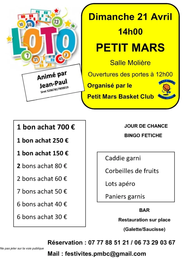 PETIT-MARS : LE PMBC ORGANISE SON LOTO ANNUEL LE 21 AVRIL 2024