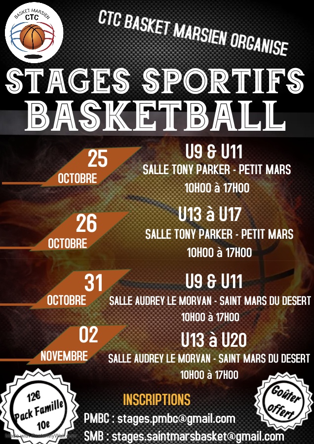 STAGES BASKET / VACANCES TOUSSAINT 2022 : PETIT-MARS ET SAINT-MARS-DU-DÉSERT