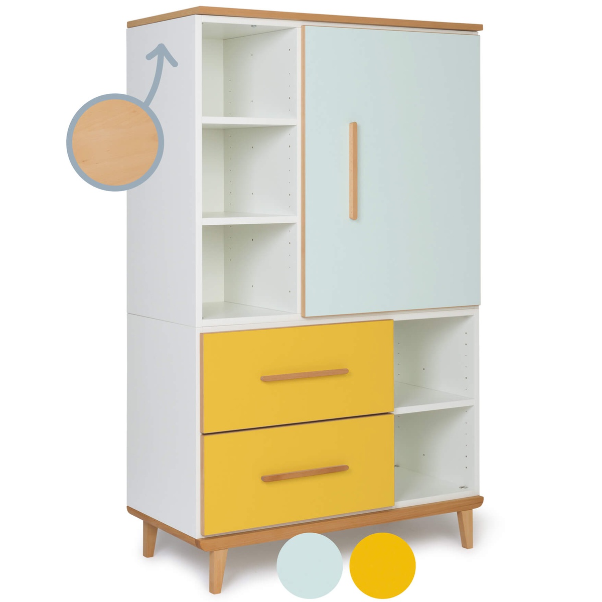 Armario 147 cm 1 puerta 2 cajones NADO Retro acabado haya mint-sunshine yellow