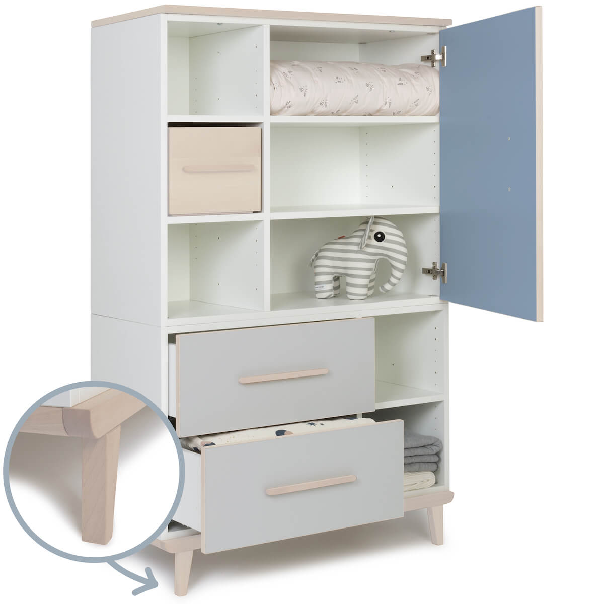 Armoire 147 cm 1 porte 2 tiroirs NADO Retro finition frêne capri blue-manhattan grey
