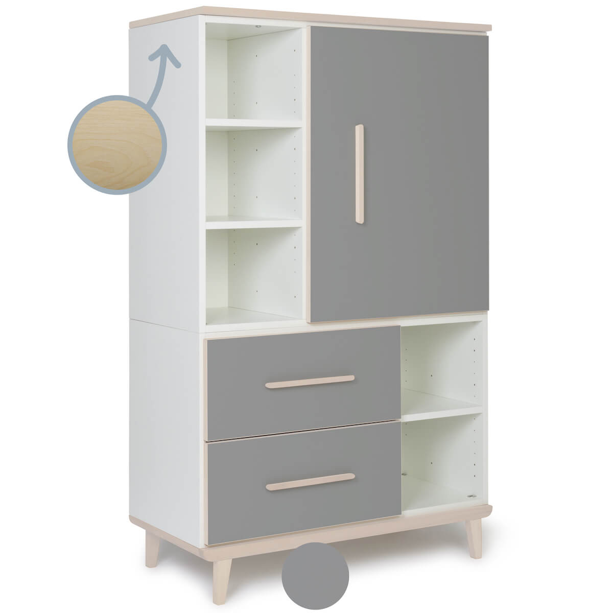 Armoire 147 cm 1 porte 2 tiroirs NADO Retro finition frêne slate grey
