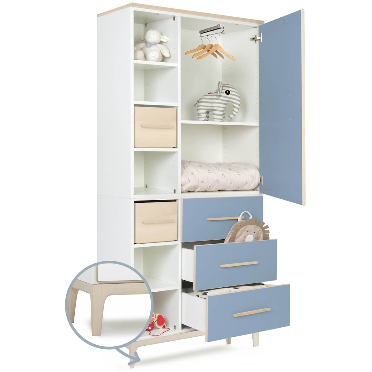 Armoire 198 cm 1 porte 3 tiroirs NADO Curve finition frêne capri blue