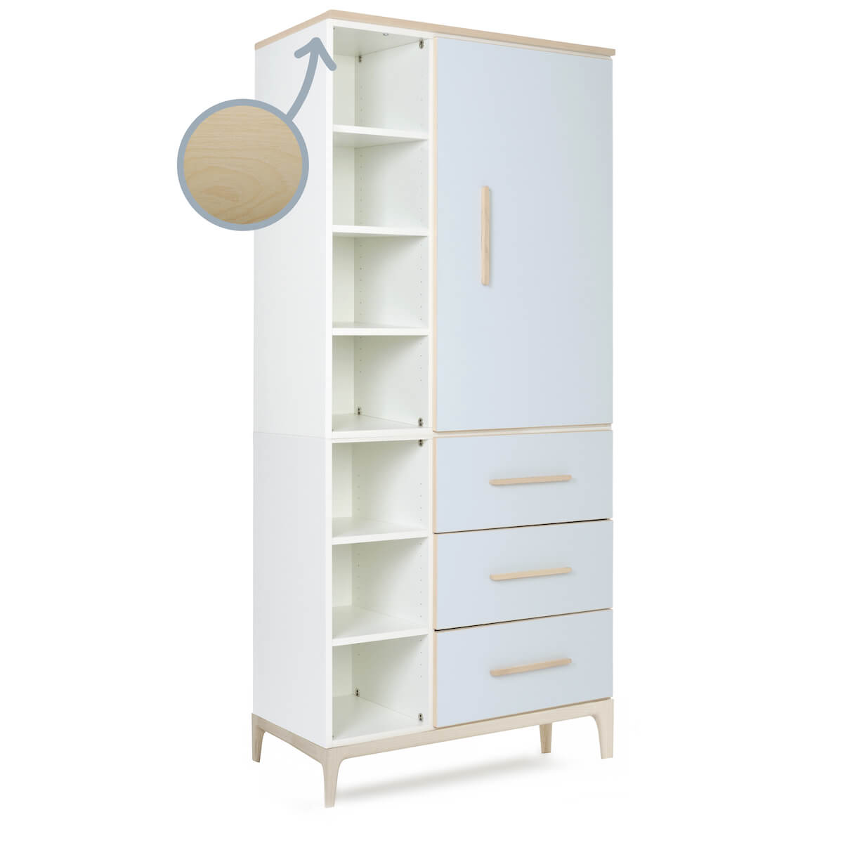 Armoire 198 cm 1 porte 3 tiroirs NADO Curve finition frêne sky blue