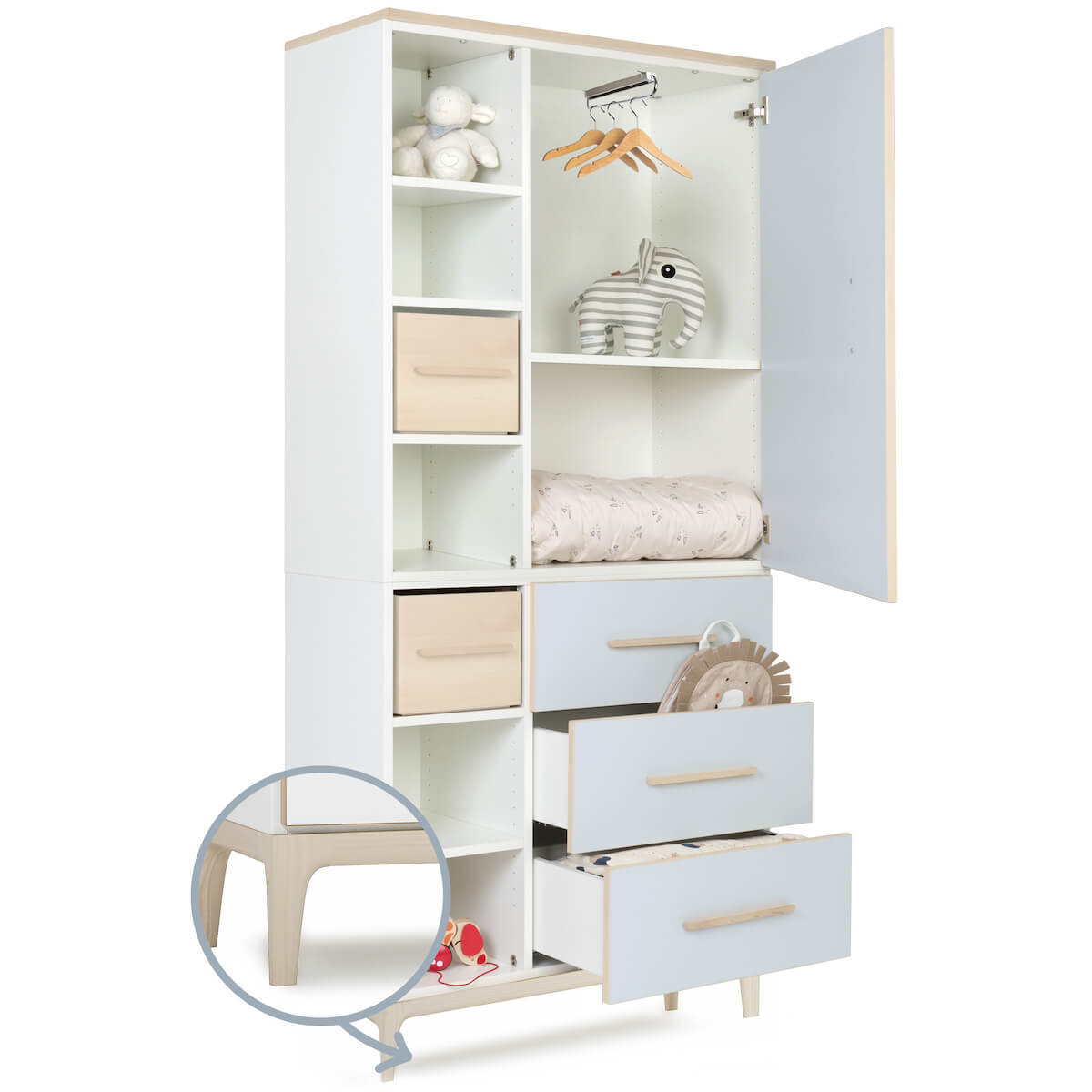 Armoire 198 cm 1 porte 3 tiroirs NADO Curve finition frêne sky blue