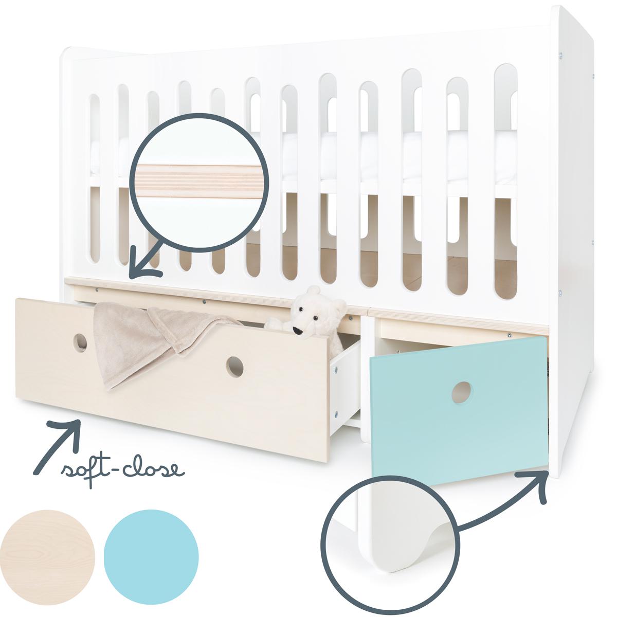 Babybett mitwachsend 70x140cm COLORFLEX sky blue-white wash