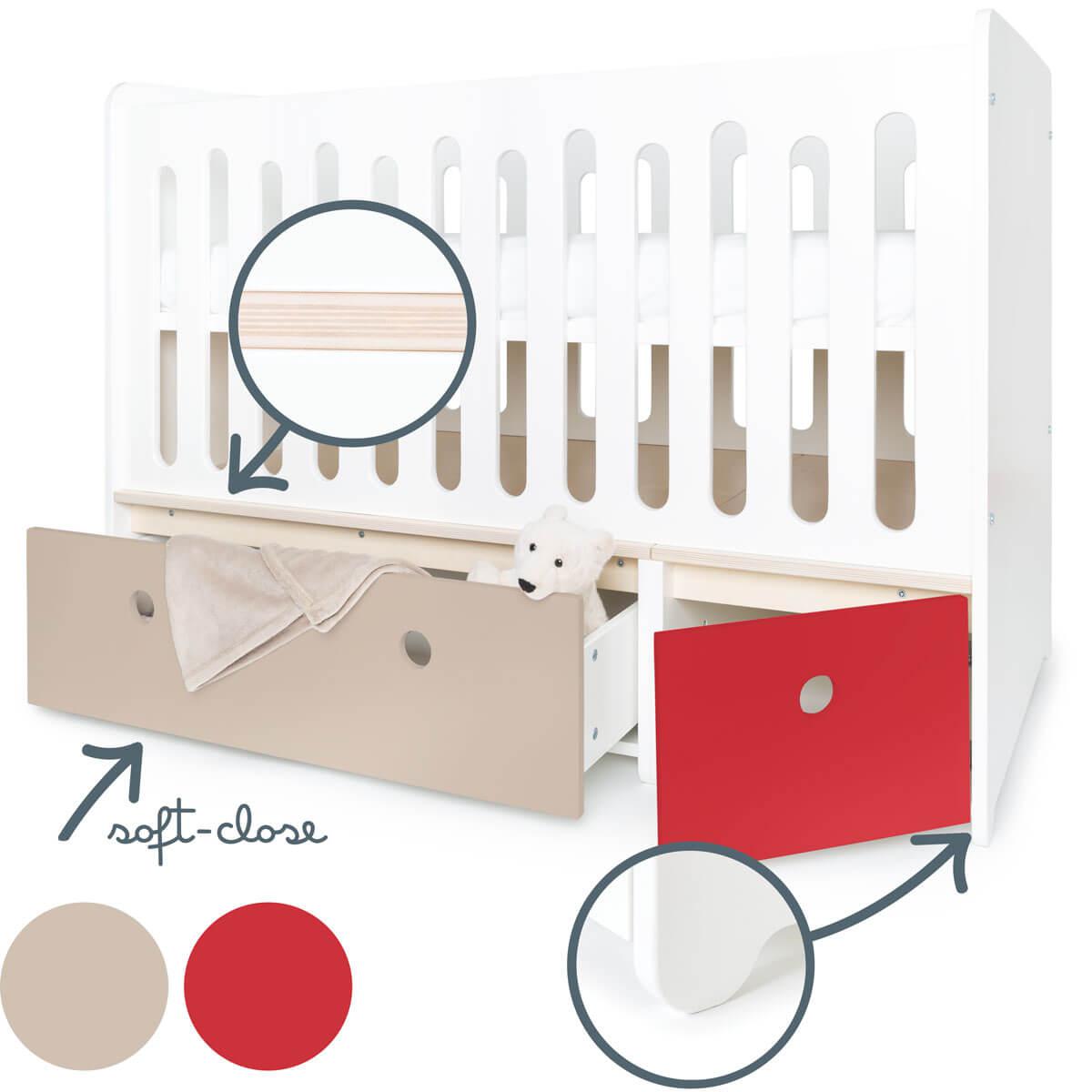Babybett mitwachsend 70x140cm COLORFLEX warm grey-true red