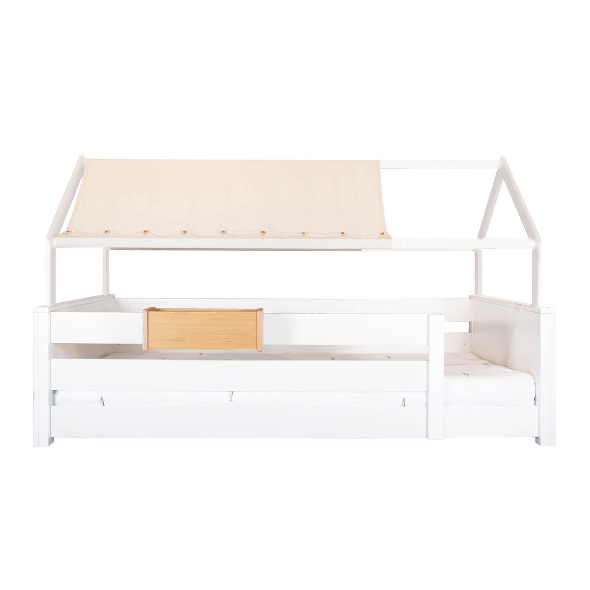Bett bodentief Dach Montessori Fallschutz hoch KASVA Buche weiß lackiert Dachtextil