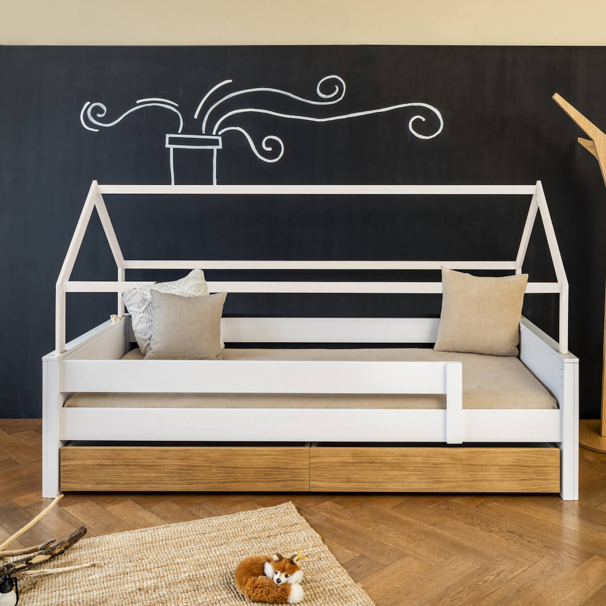 Bett niedrig Dach KASVA Buche weiß lackiert