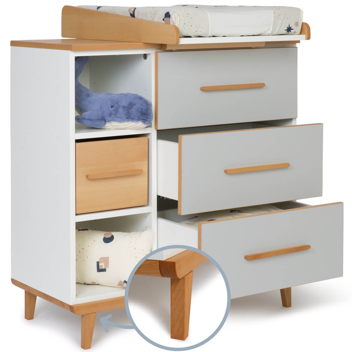 Changing table 3 drawers 3 niches NADO Retro beech manhattan grey