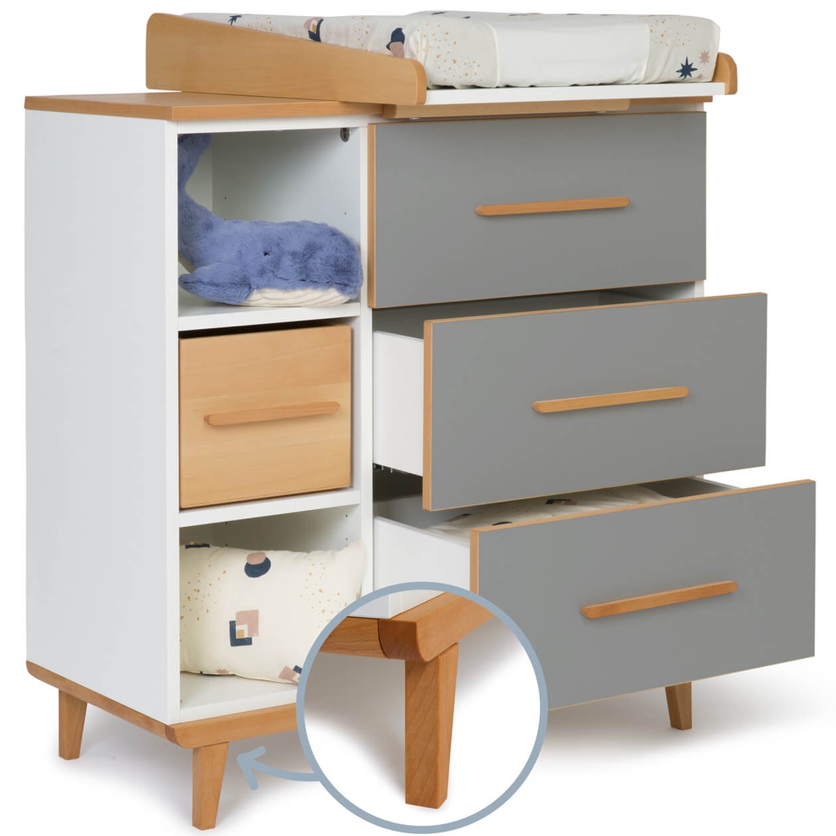 Changing table 3 drawers 3 niches NADO Retro beech slate grey