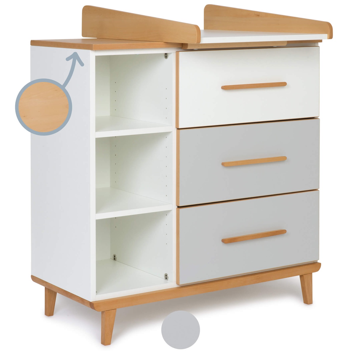 Changing table 3 drawers 3 niches NADO Retro beech white-manhattan grey