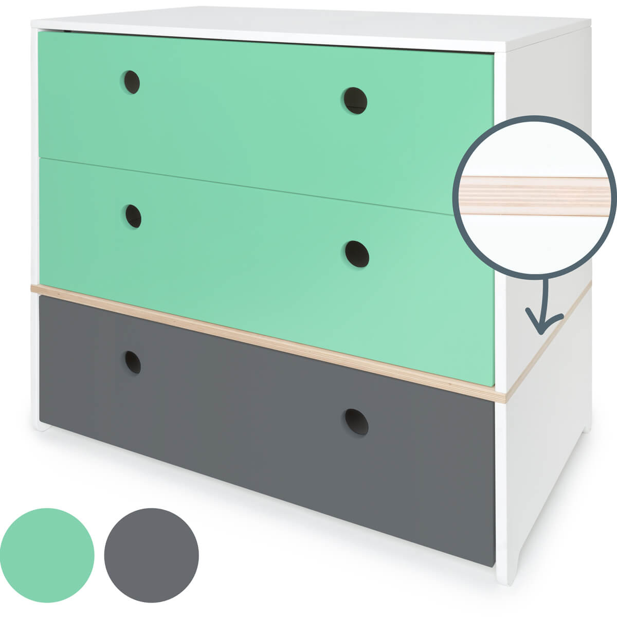 Chest 3 drawers COLORFLEX fronts drawers sea foam-sea foam-space grey