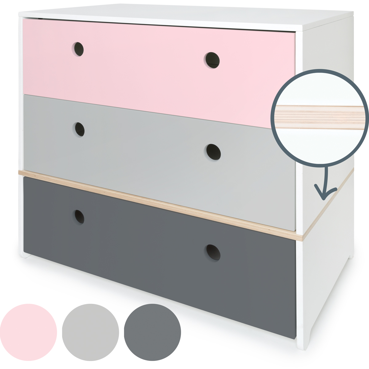 Chest 3 drawers COLORFLEX fronts drawers sweet pink-pearl grey-space grey