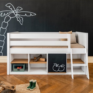 Combination mid-sleeper bed - blackboard doors - shelves with oiled oak panels KASVA