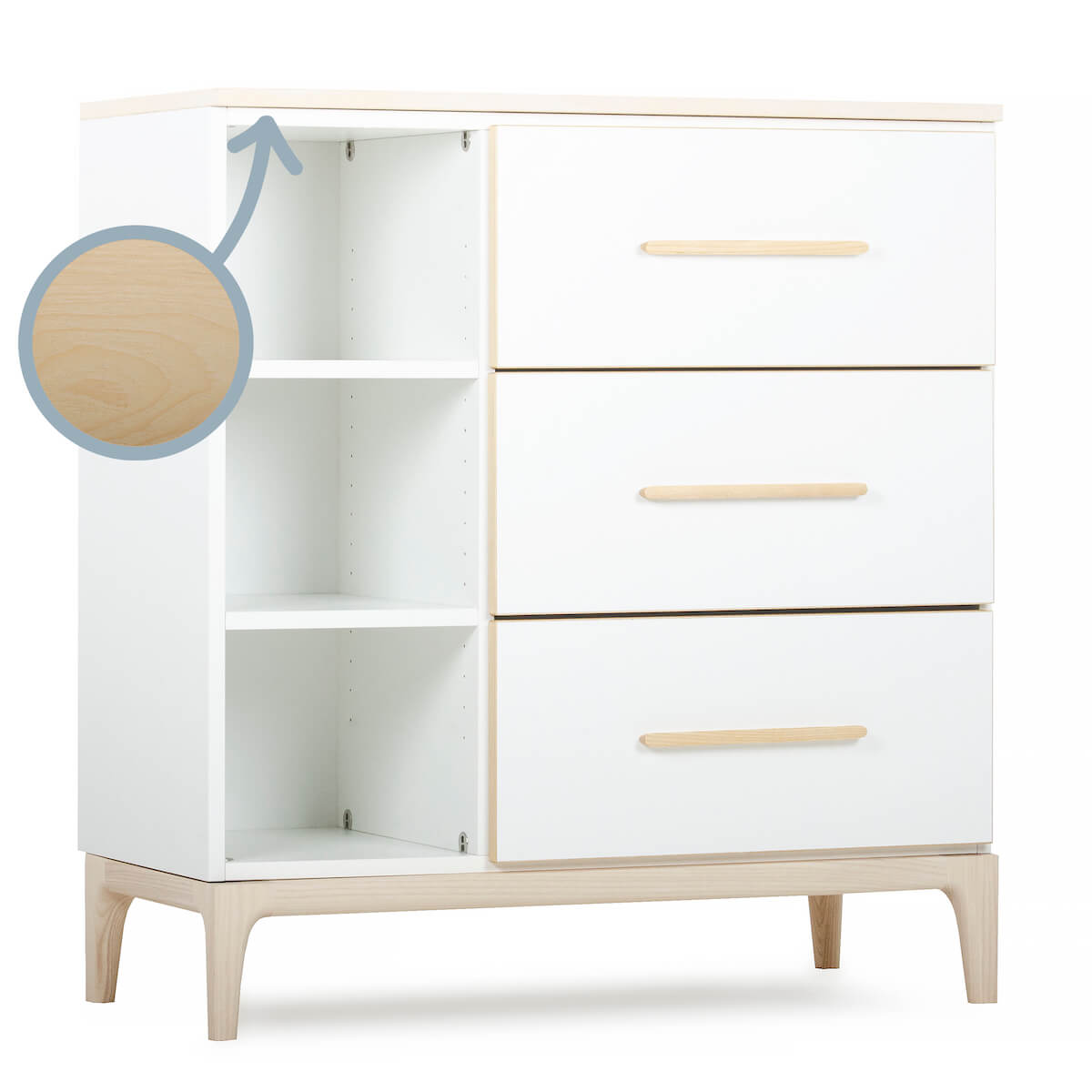 Commode 3 tiroirs 3 niches NADO Curve finition frêne white