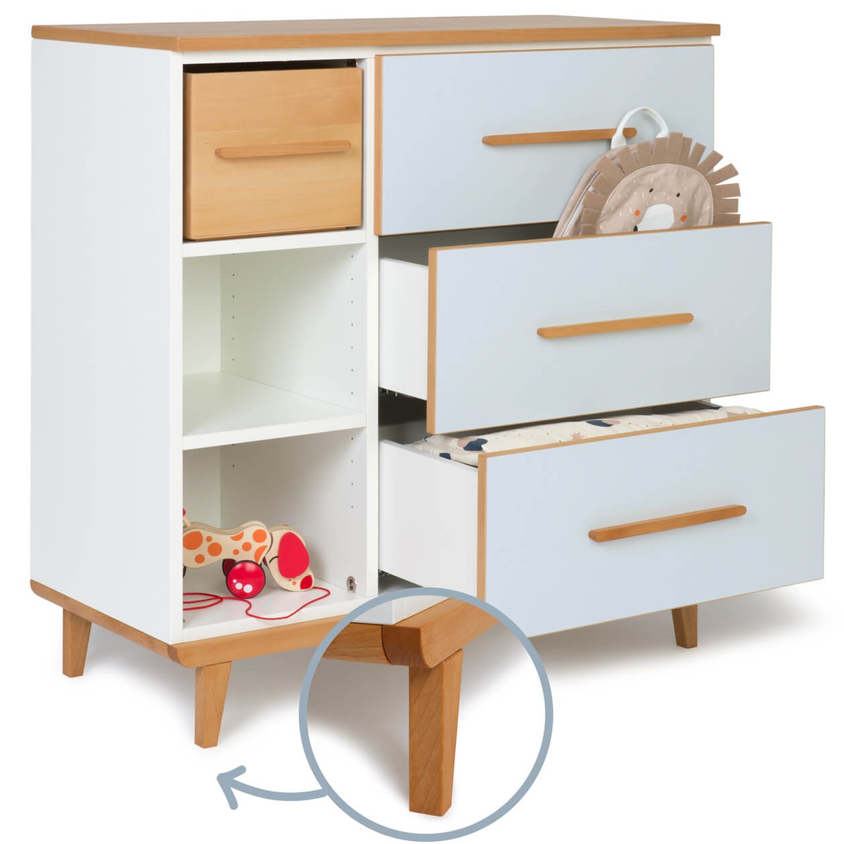 Commode 3 tiroirs 3 niches NADO Retro finition hêtre sky blue