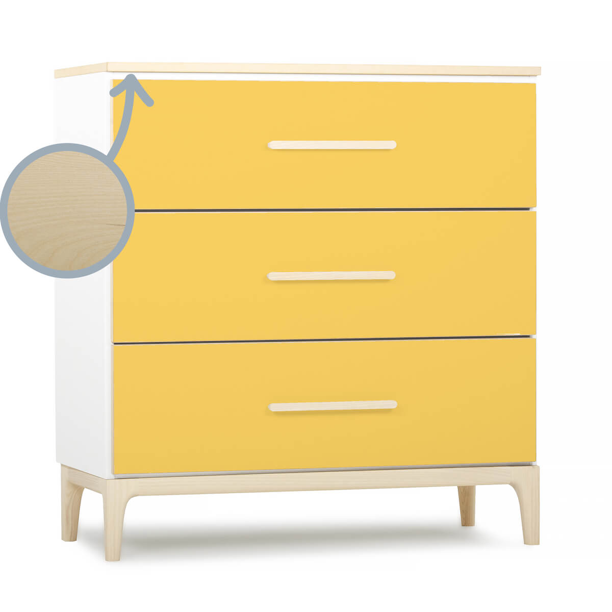 Commode 3 tiroirs NADO Curve finition frêne sunshine yellow