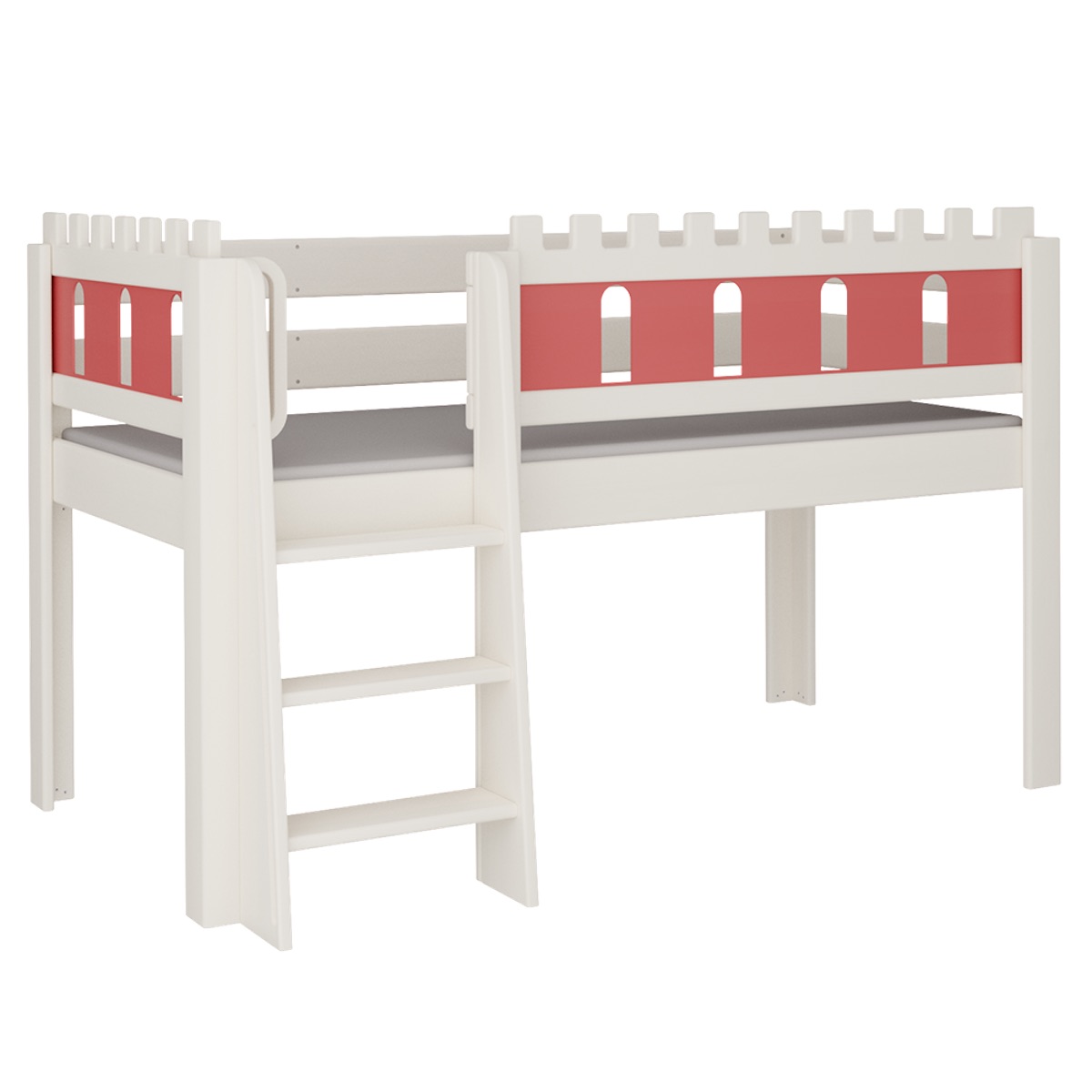 Halbhohes Bett Burg Leiterstiege DELUXE de Breuyn geweißt-rot