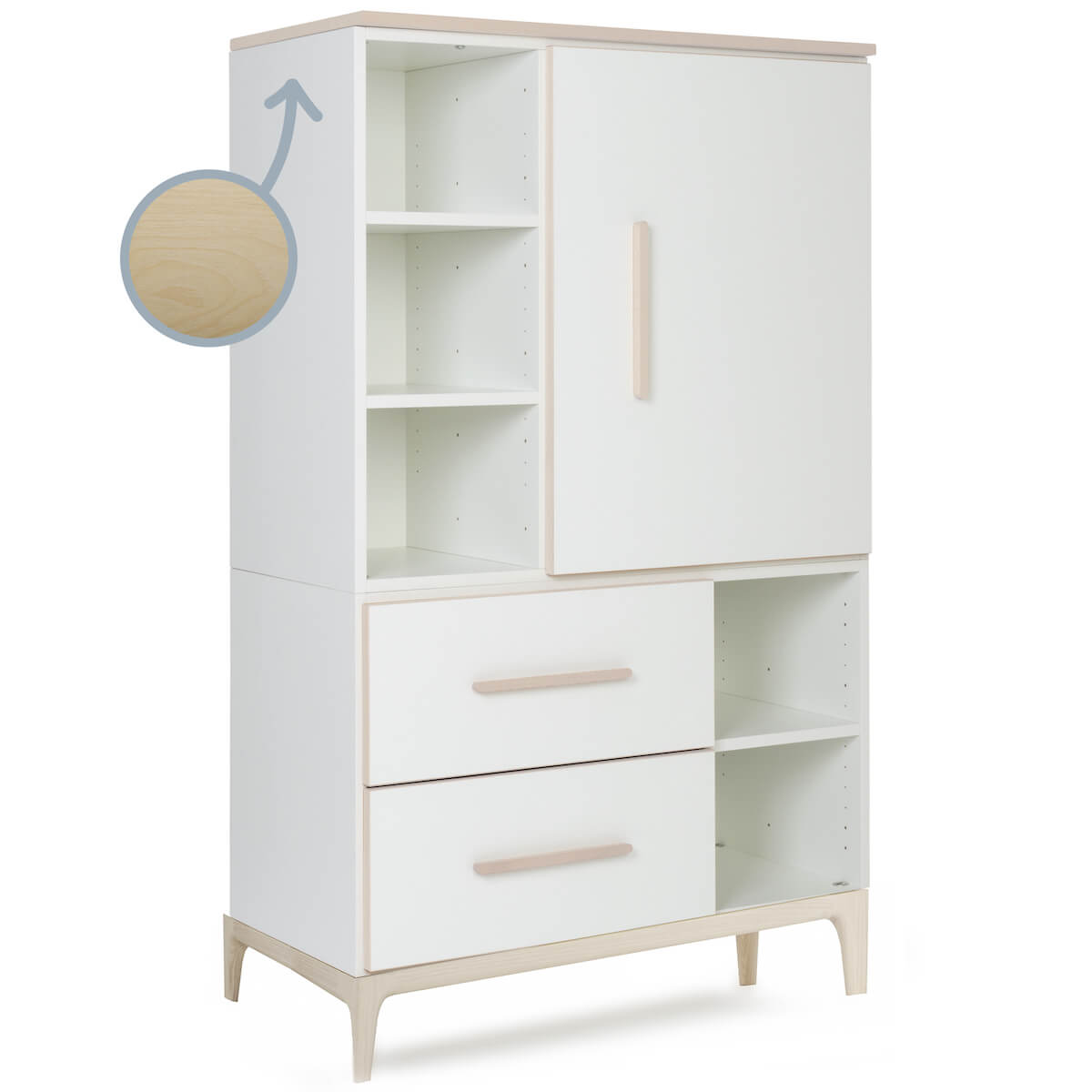 Kleiderschrank 147 cm 1-türig 2 Schubladen NADO Curve Esche white