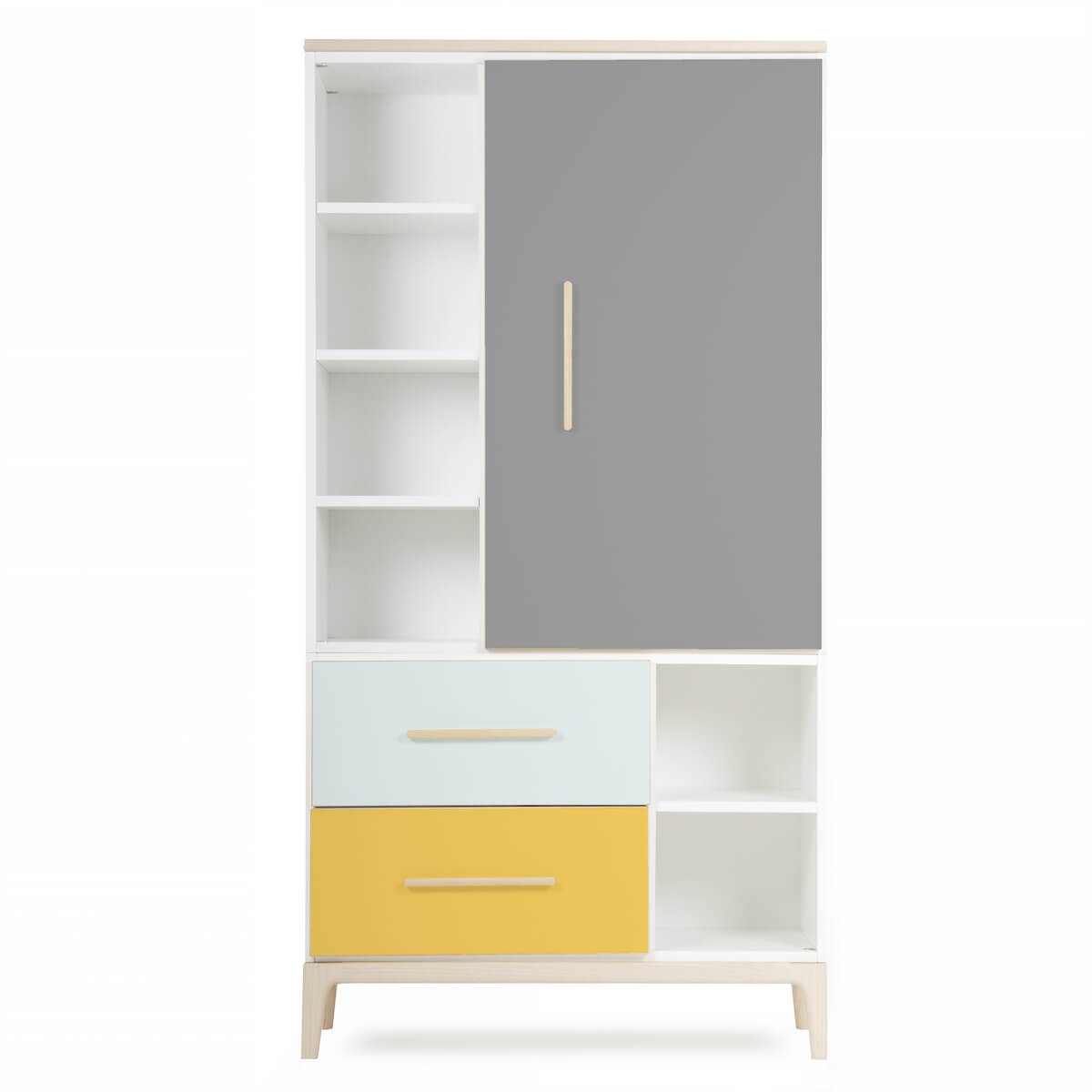 Kleiderschrank 173 cm 1-türig 2 Schubladen NADO Curve Esche slate grey-mint-sunshine yellow