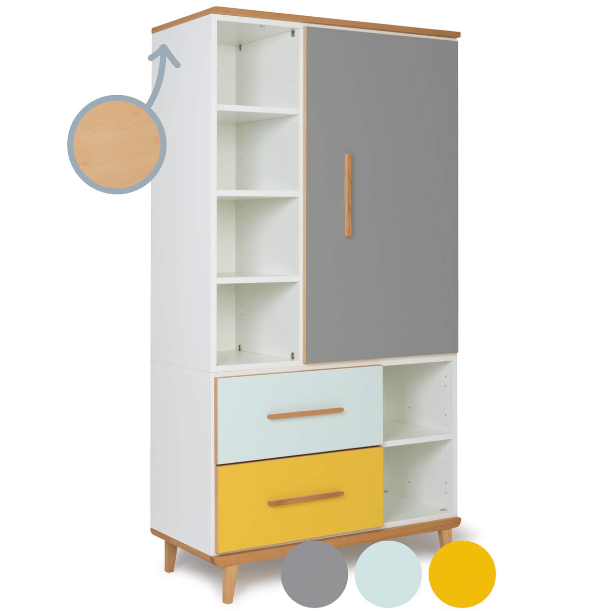 Kleiderschrank 173 cm 1-türig 2 Schubladen NADO Retro Buche slate grey-mint-sunshine yellow