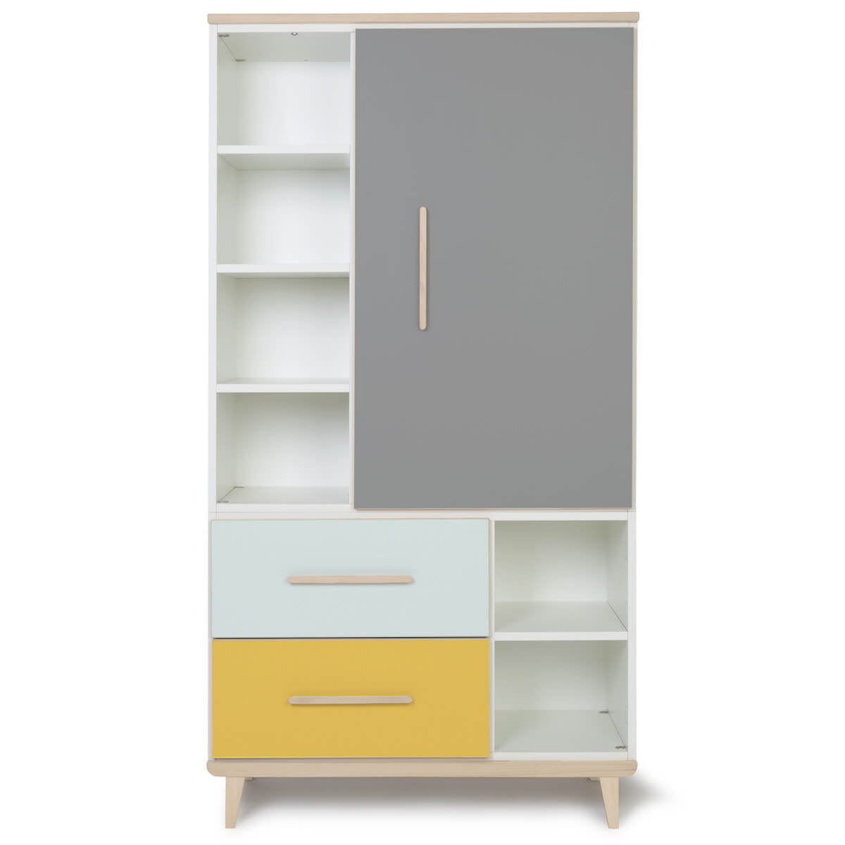 Kleiderschrank 173 cm 1-türig 2 Schubladen NADO Retro Esche slate grey-mint-sunshine yellow