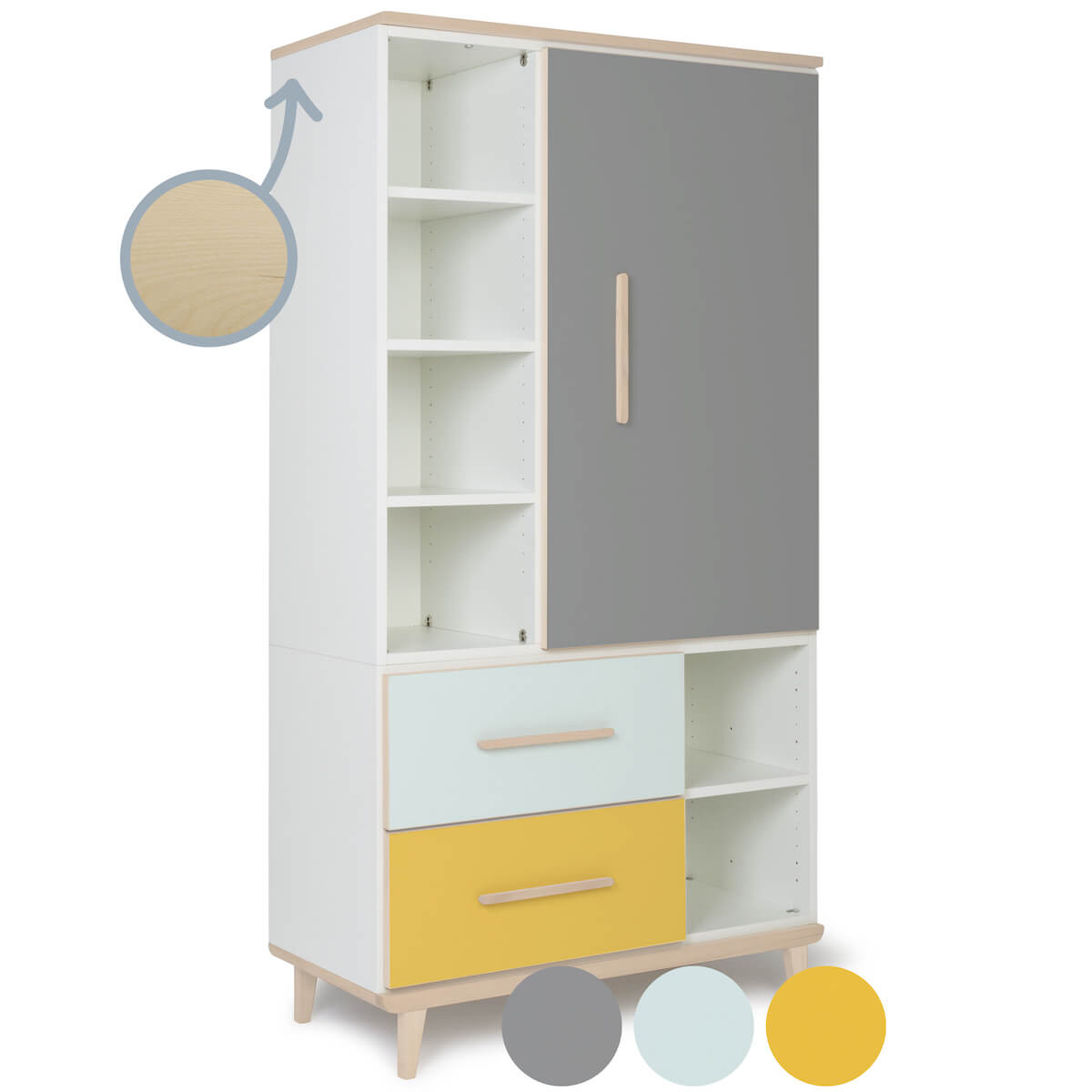 Kleiderschrank 173 cm 1-türig 2 Schubladen NADO Retro Esche slate grey-mint-sunshine yellow