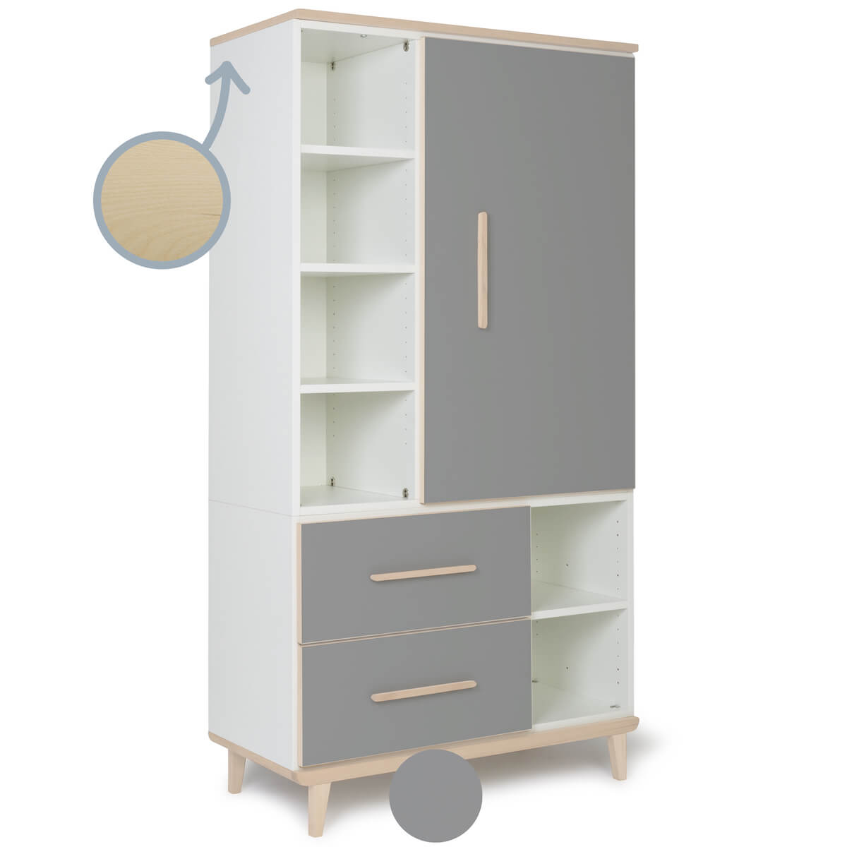 Kleiderschrank 173 cm 1-türig 2 Schubladen NADO Retro Esche slate grey