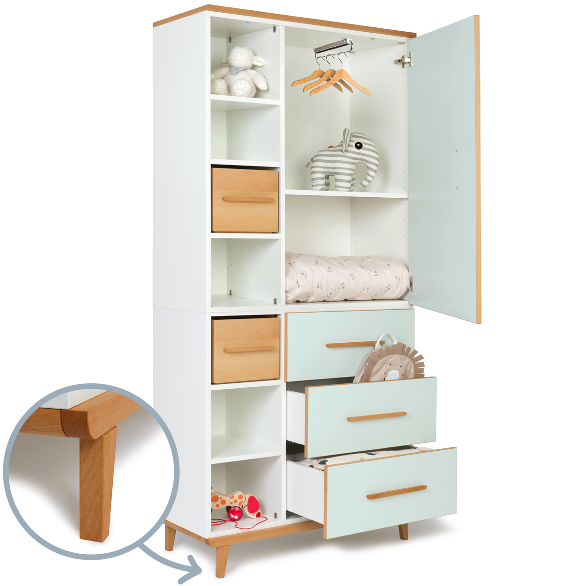 Kleiderschrank 198 cm 1-türig 3 Schubladen NADO Retro Buche mint