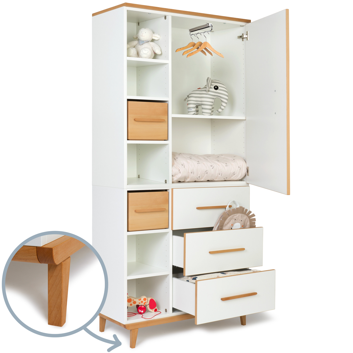 Kleiderschrank 198 cm 1-türig 3 Schubladen NADO Retro Buche white