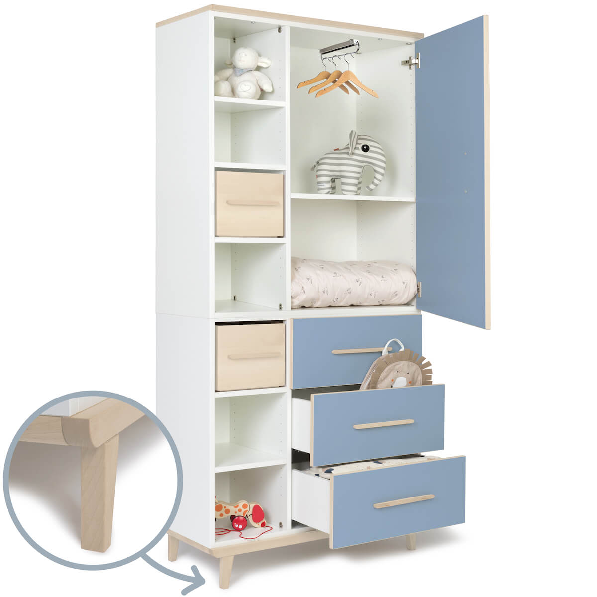 Kleiderschrank 198 cm 1-türig 3 Schubladen NADO Retro Esche capri blue