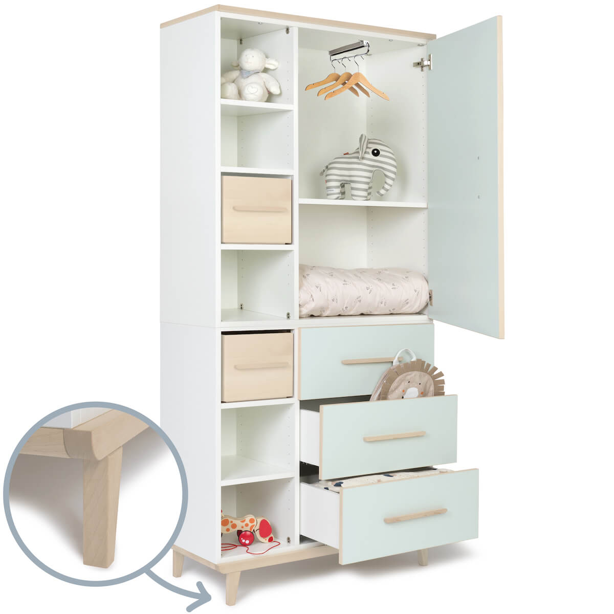 Kleiderschrank 198 cm 1-türig 3 Schubladen NADO Retro Esche mint