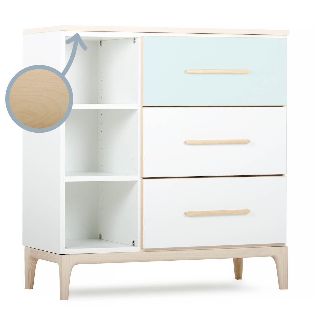 Kommode 3 Schubladen 3 Nischen NADO Curve Esche mint-white
