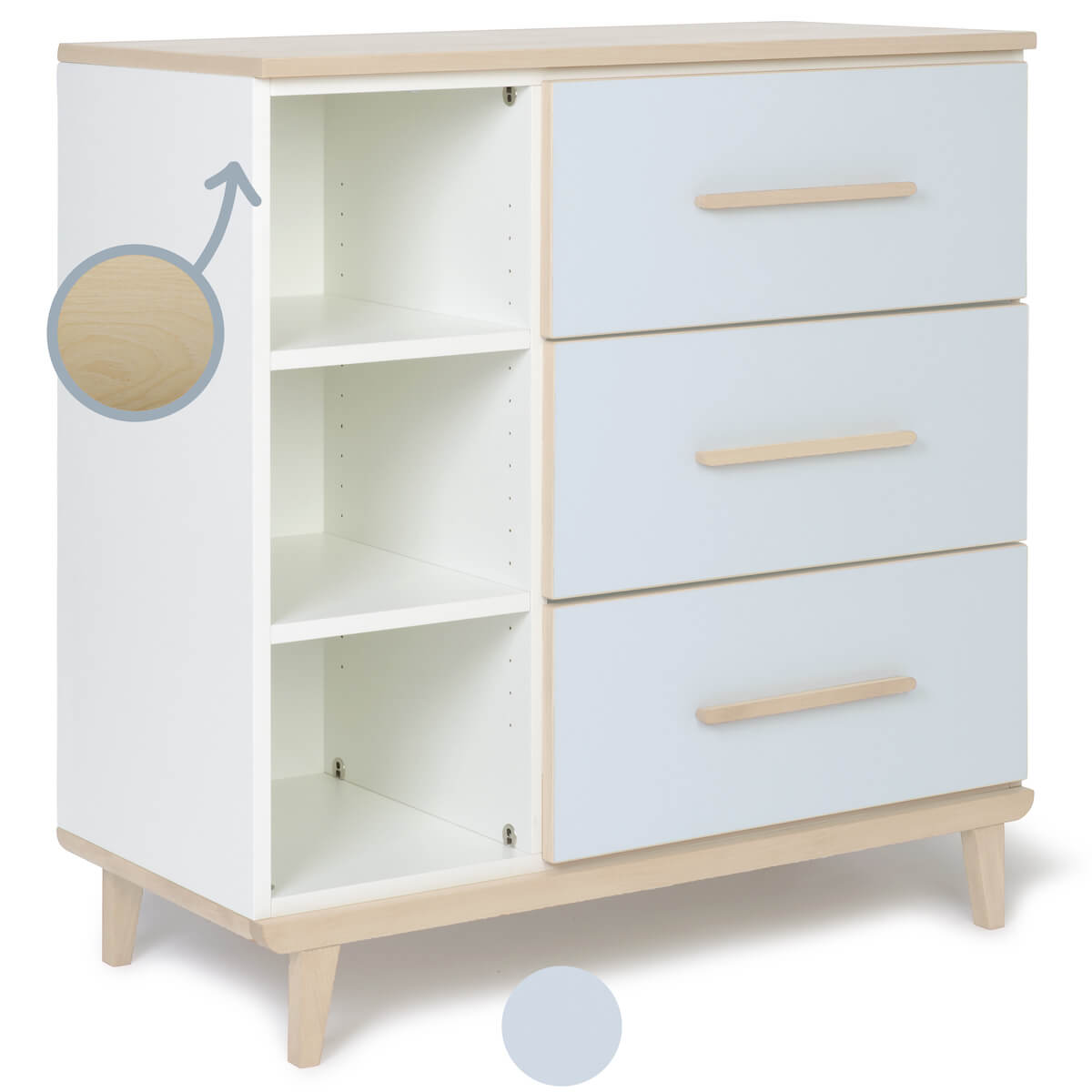 Kommode 3 Schubladen 3 Nischen NADO Retro Esche sky blue