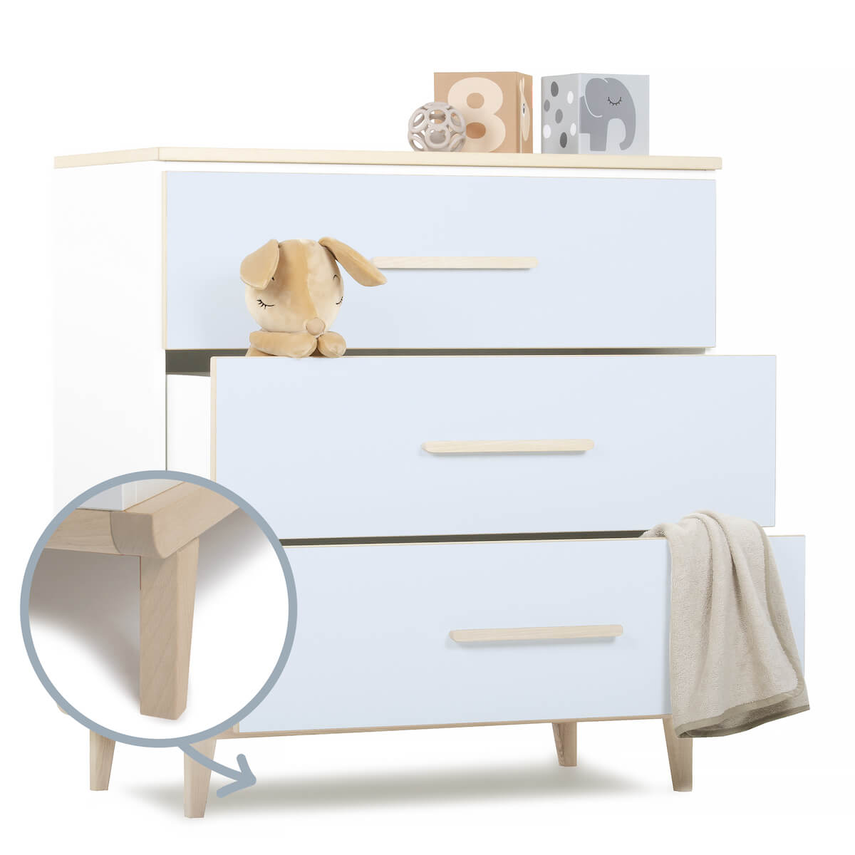Kommode 3 Schubladen NADO Retro Esche sky blue