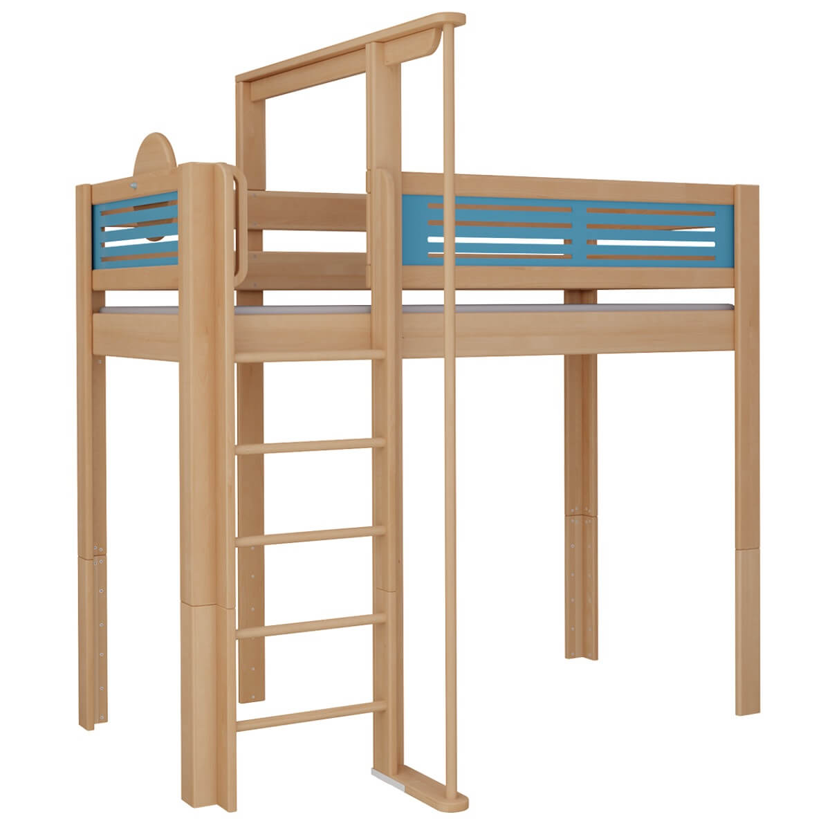 Lit Mezzanine Avec Barre Coulissante De Pompier Et Volant Tatu Deluxe Hetre Huile Naturel Barriere Rouge Wookids Lu