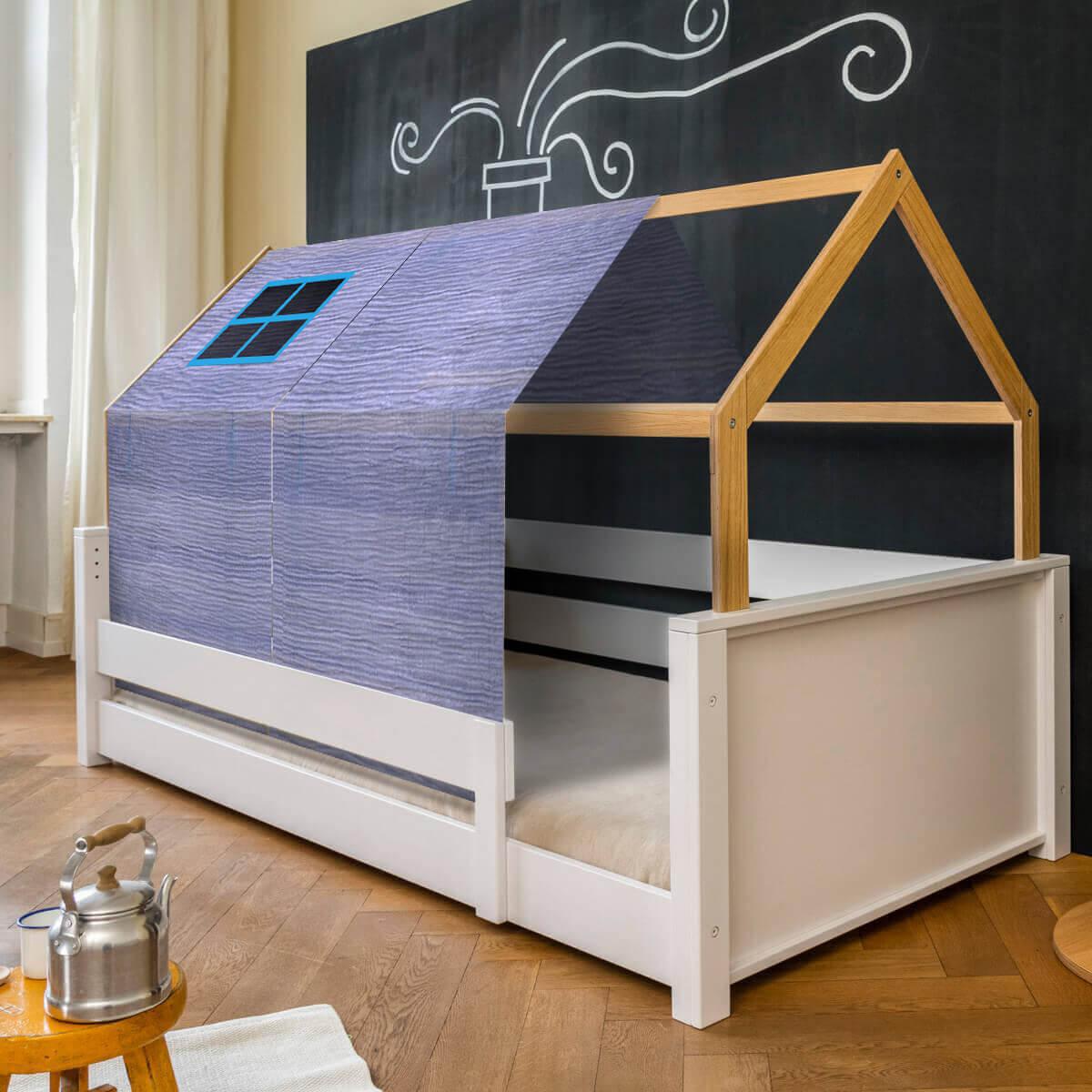 Lit montessori barrière simple cabane KASVA hêtre massif laqué blanc Bobble green-blue