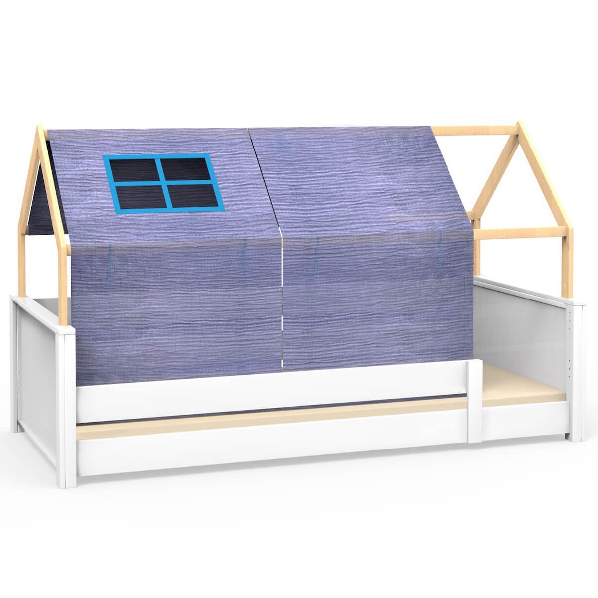Lit montessori barrière simple cabane KASVA hêtre massif laqué blanc Bobble green-blue