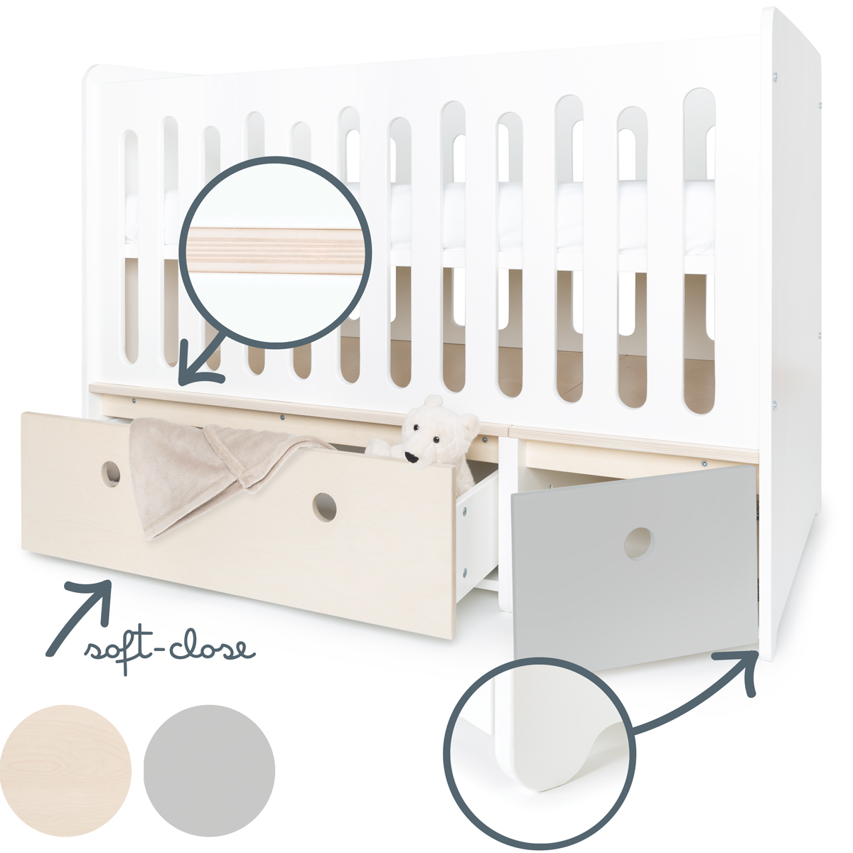 Modular Baby bed 70x140cm COLORFLEX white wash-pearl grey