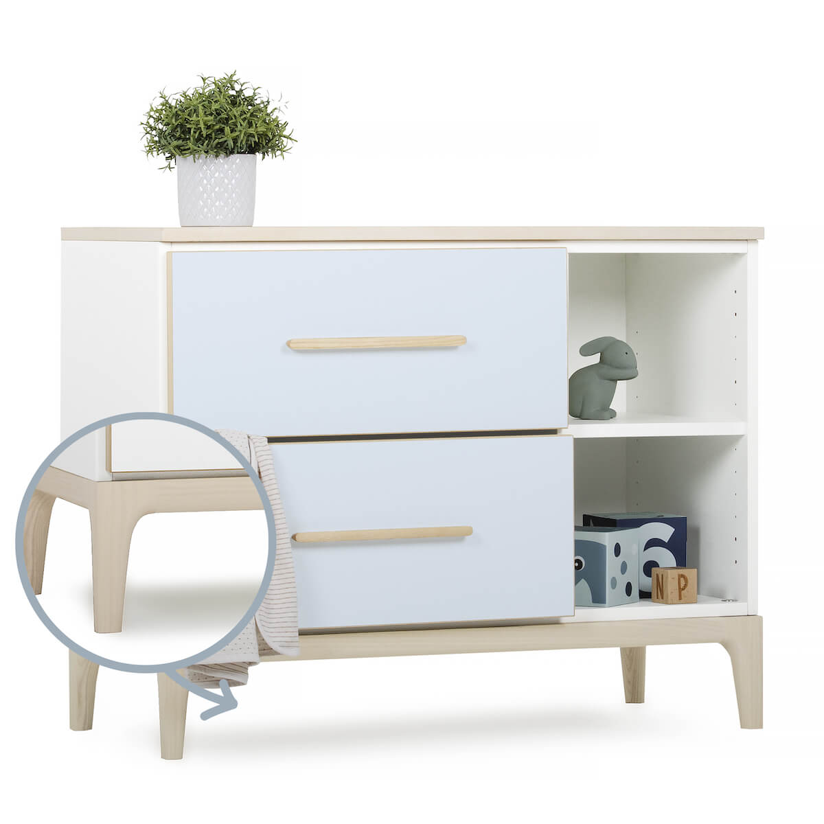 Petit meuble 2 tiroirs 2 niches NADO Curve finition frêne sky blue