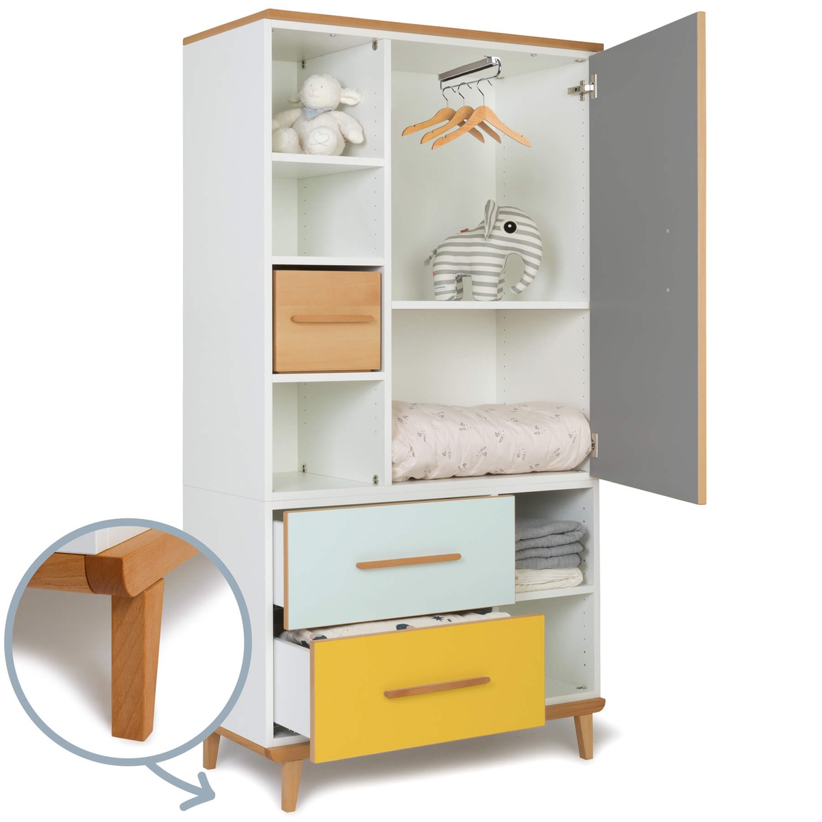 Wardrobe 173 cm 1 door 2 drawers NADO Retro slate grey-mint-sunshine yellow