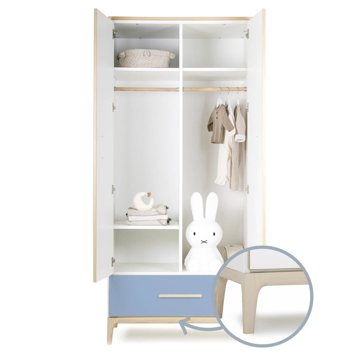 Wardrobe 2 doors 1 drawer NADO Curve ash white-capri blue