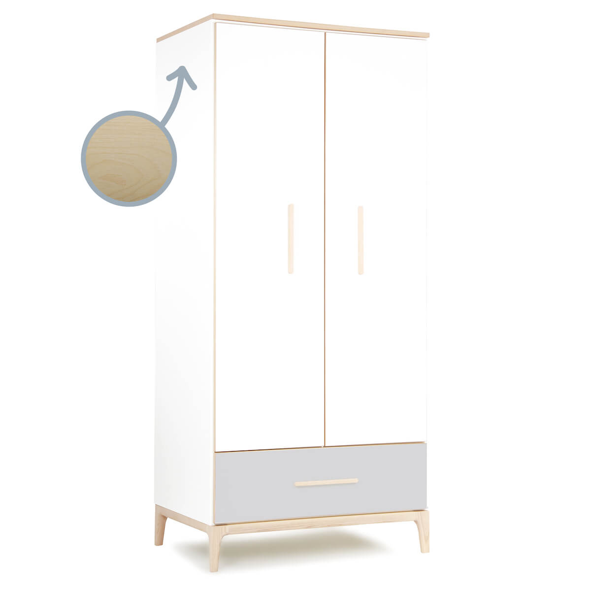 Wardrobe 2 doors 1 drawer NADO Curve ash white-manhattan grey