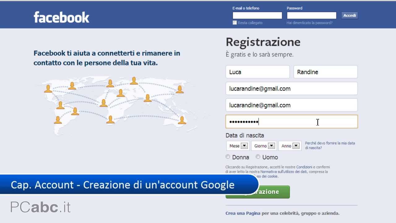 Registrare nuovo account facebook