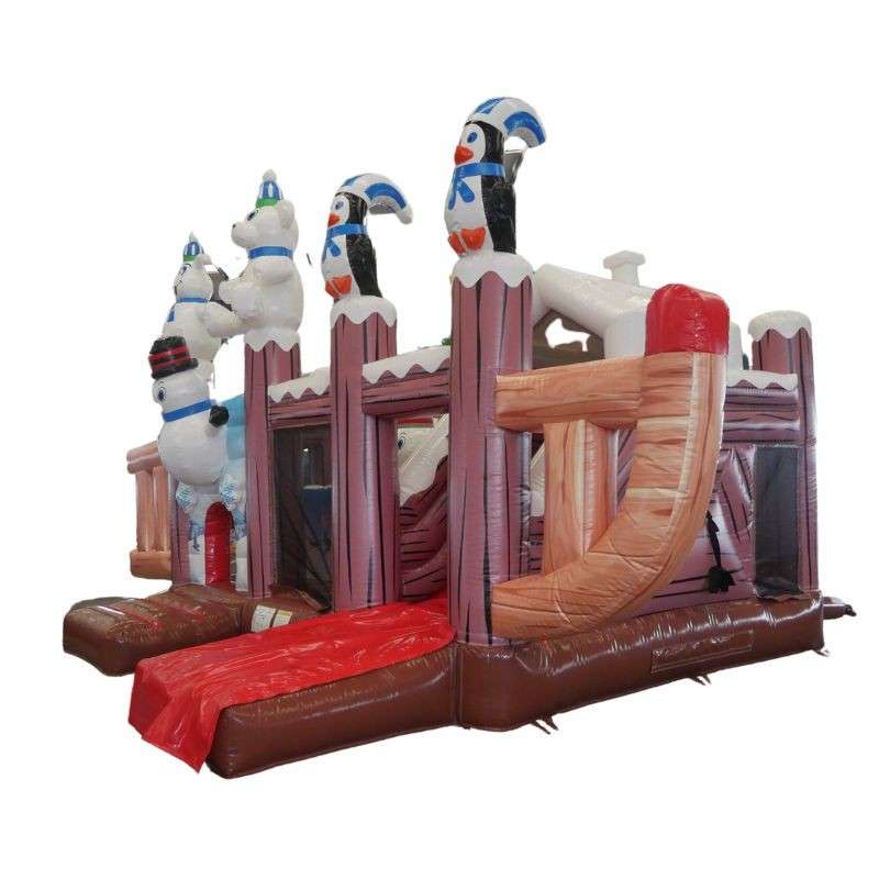 château gonflable Bonhomme de Neige avec un traineau en bois