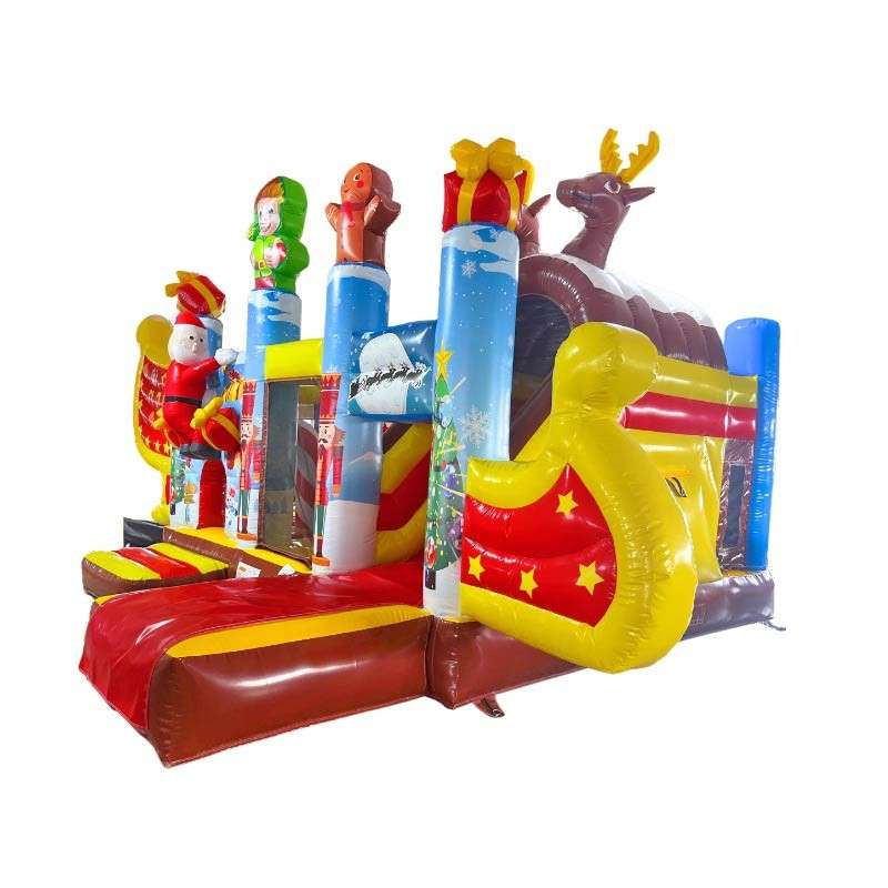 Château Gonflable Traîneau du Père Noël très coloré avec un père noel et des rennes
