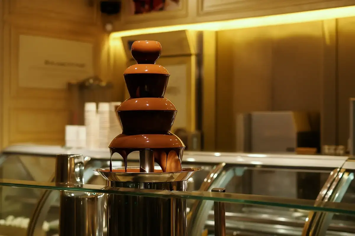 fontaine à chocolat pleine de chocolat au lait fondu qui coule sur chaque étages dans un restaurant